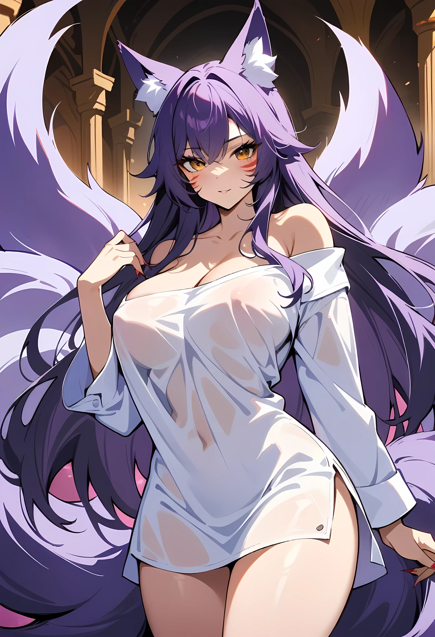 masterpiece, best quality, very aesthetic, absurdres, newest,1girl,naked_shirt, covered_nipples, ,ahri(league_of_legends), 1girl, kitsune, kyuubi, deep purple hair,deep purple fox ears, long_hair,brown_eyes ,facial mark, whisker markings,white fox tail,kyuubi, large_breasts, long sleeves, magic, white multiple tails, off shoulder, sharp fingernails,,in a palace