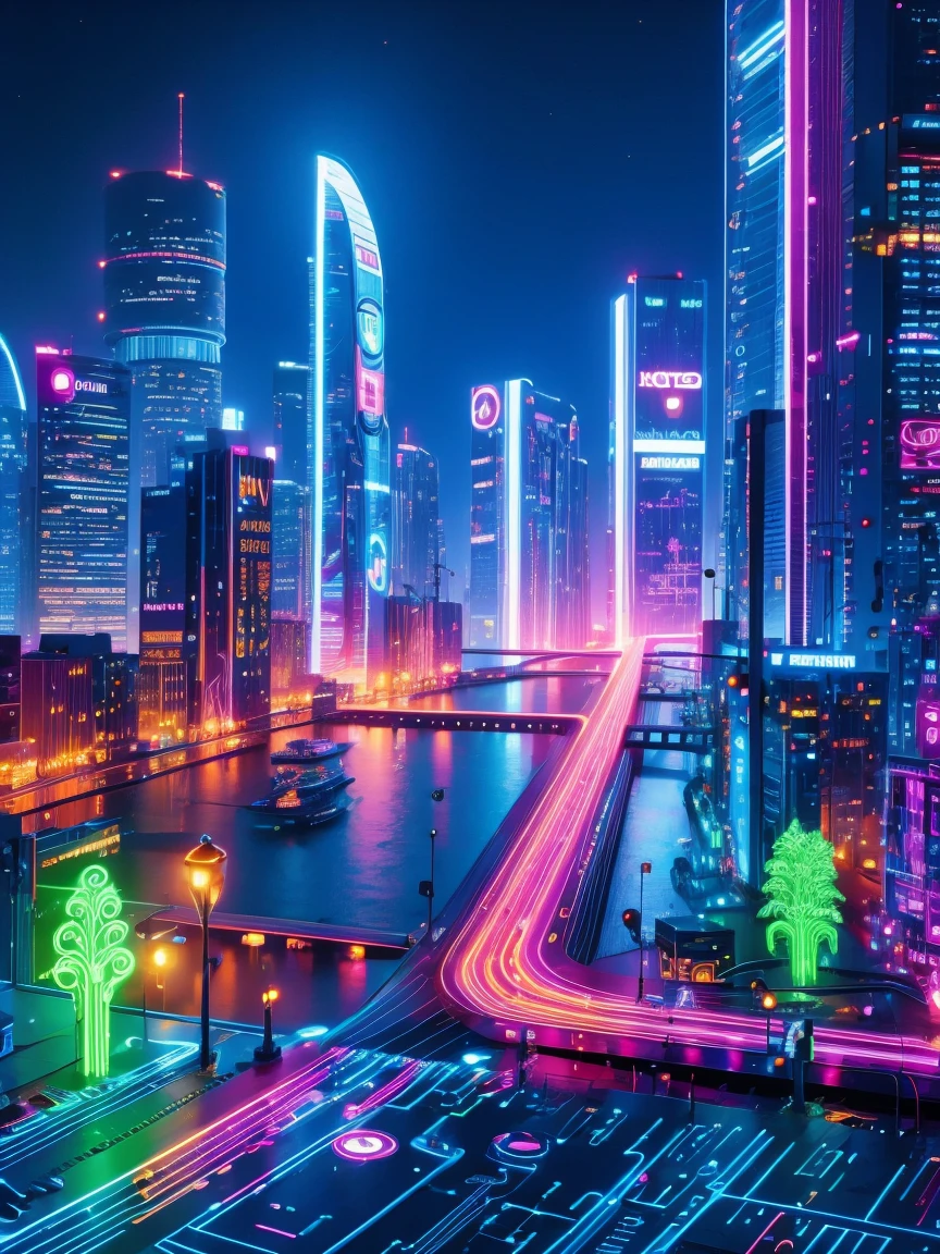 (Neon lights),circuit boards,Colorful line,luminescent colors,lamp,jakarta city,(UHD, masterpiece, accurate, high details, high quality, award winning, 8k)