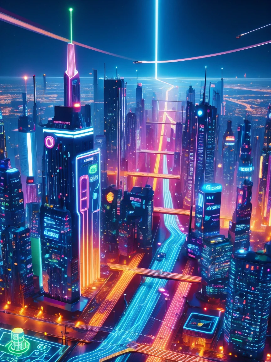 (Neon lights),circuit boards,Colorful line,luminescent colors,lamp,jakarta city,(UHD, masterpiece, accurate, high details, high quality, award winning, 8k)