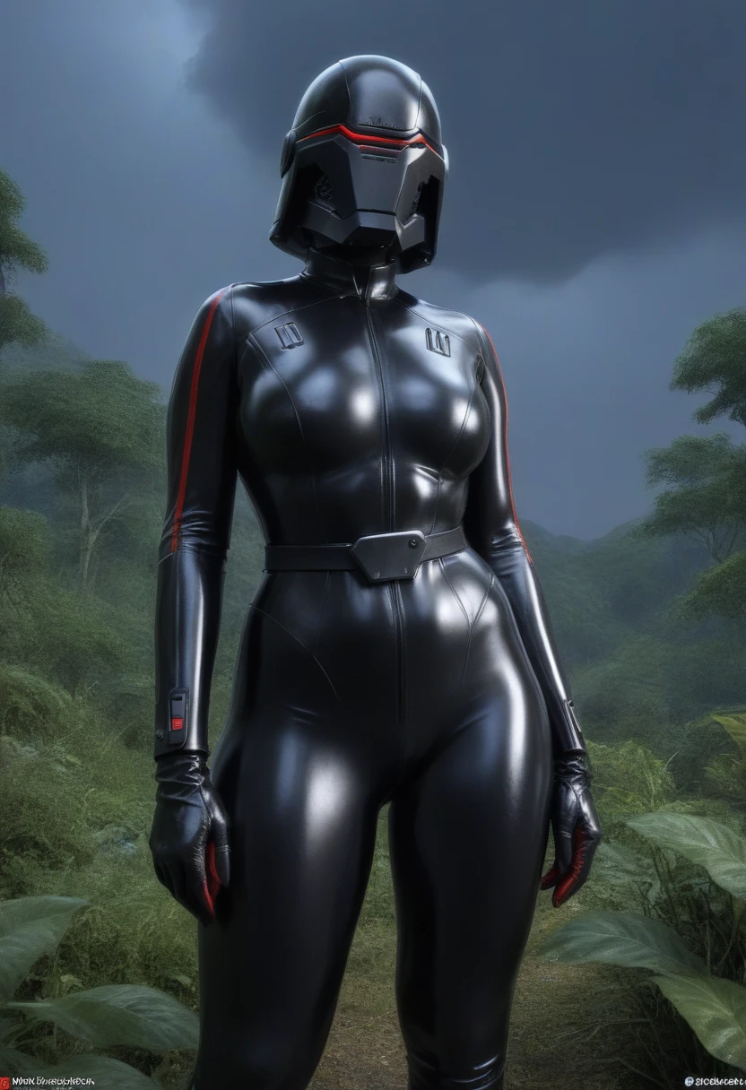 zPDXL, source_anime, BREAK Trilla, helmet with red translucent visor, , armor,black gloves,(tight silver bodysuit),,black pants, BREAK close-up, solo, standing, front view, medium breasts, , wide hips, BREAK x3dce, 3d, jungle background, dense vegetation, rain, night, night sky,
