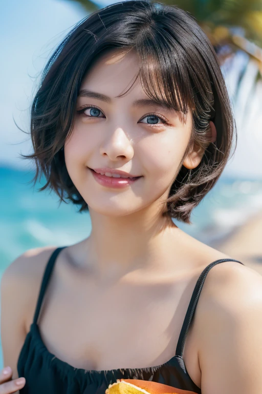 (award winning, 8k, super detailed, high resolution, best quality, photography, portrait), 1girl, solo, beautiful girl, beautiful eyes, detailed eyes, (black eye), ((short hair)), black hair, at the beach, POV, (arms wide open pose), smiley, ocean breeze, sunlight, sunset, coconut tree, back lighting