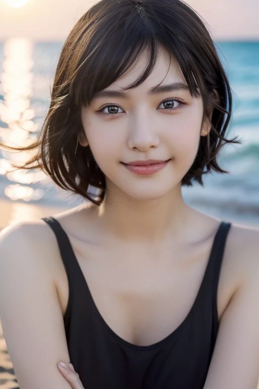 (award winning, 8k, super detailed, high resolution, best quality, photography, portrait), 1girl, solo, beautiful girl, beautiful eyes, detailed eyes, (black eye), ((short hair)), black hair, at the beach, POV, (arms wide open pose), smiley, ocean breeze, sunlight, sunset, coconut tree, back lighting