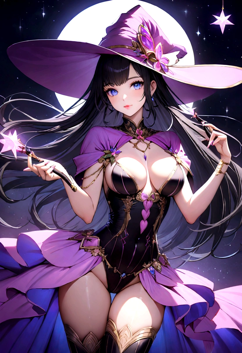 A captivating depiction of a witch with a strong lilac and pink hat and a magic wand in her hand , young and beautiful model with an extremely beautiful face framed by black hair blue eyes pink lips , her figure is breathtaking, Meticulously rendered with perfection in every detail, looking attractive in a sexy pose She exudes natural charm and seduces viewers with her captivating presence. Wearing a lilac and hot pink two-piece outfit that emphasizes her curves, It perfectly displays the elegance and sensuality of the beautiful hot world in colorful scenery with full moon and stars and magic