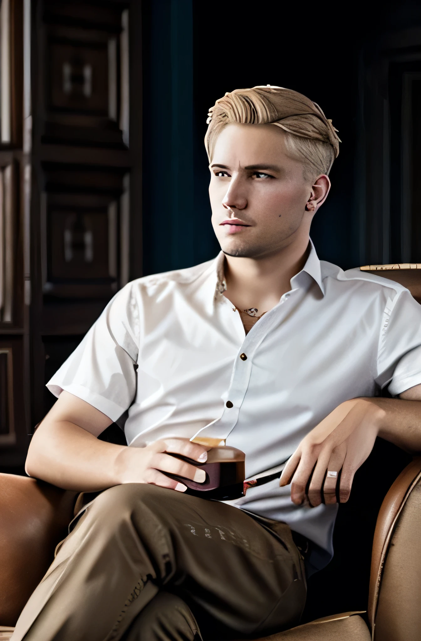 short blonde hair man, Delgado, with Russian features , sitting in an armchair listening to music, drinking whiskey