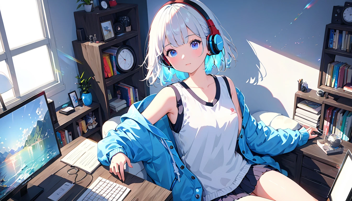 (Absurd:1.1, High resolution:1.1, 超detailed:1.1), 非常にdetailedな, 超detailed hair, (Fine grain:1.4), (Shining Eyes:1.3), thin, positive, cute, Perfectly symmetrical face, narr○w waist, 超cute girl, 超cute face, 超cute, Super beautiful, Beautiful colors, merry (Yanmar gauge),From wlop,((Great quality)), (Beautiful legs), Upper body rest (Beautiful colors,detailed,Highest quality,Great quality,so beautiful), computer, Headphones, Jacket, Jersey,Tank top, Lighting and Shadows(perspective), Lighting particles, colorful, Masterpiece, Super stylish room,