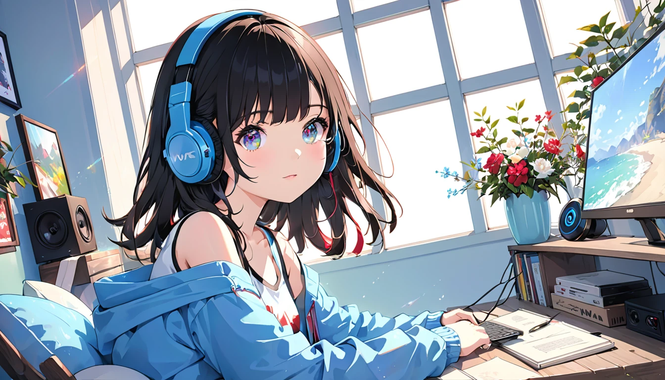 (Absurd:1.1, High resolution:1.1, 超detailed:1.1), 非常にdetailedな, 超detailed hair, (Fine grain:1.4), (Shining Eyes:1.3), thin, positive, cute, Perfectly symmetrical face, narr○w waist, 超cute girl, 超cute face, 超cute, Super beautiful, Beautiful colors, merry (Yanmar gauge),From wlop,((Great quality)), (Beautiful legs), Upper body rest (Beautiful colors,detailed,Highest quality,Great quality,so beautiful), computer, Headphones, Jacket, Jersey,Tank top, Lighting and Shadows(perspective), Lighting particles, colorful, Masterpiece, Super stylish room,