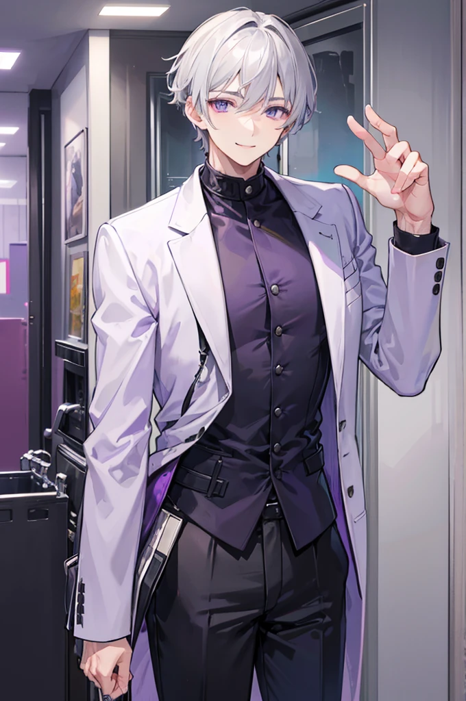 Young man, grey hair, purple eyes, smile face, modern style, handsome man, cool boy, bad boy,