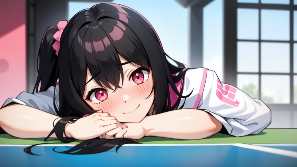 One girl,Black Hair,Pink eyes,(blush:1.1)、Embarrassed face、 ((Heavy breathing:1.3)), like, smile、(Table tennis)、Big Breasts、whole body、((Mosquito Cosplay)),I'm eating ice cream