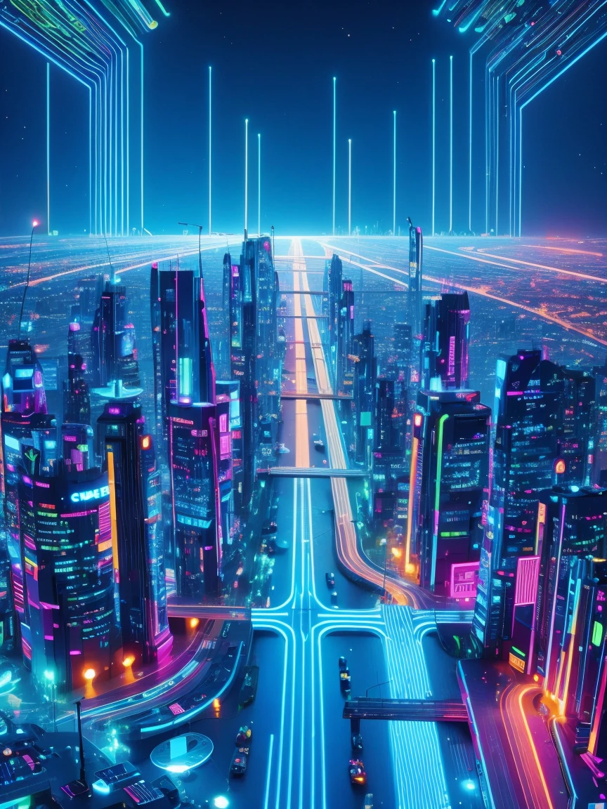 glowing blue connected polygonal lines of jakarta city in futuristic, (Neon lights),circuit boards,Colorful line,luminescent colors,lamp,jakarta city,(UHD, masterpiece, accurate, high details, high quality, award winning, 8k)
