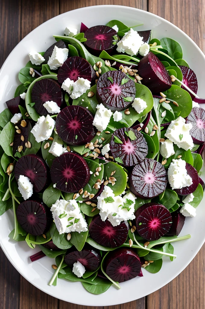 Beet and Goat Cheese Salad Fresh herb, a pinch of Maldon salt, and black sesame seeds.