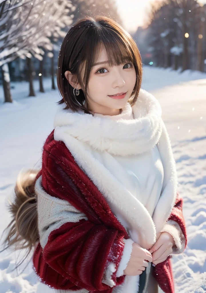 Photo from the waist up、Night city illumination shot、Cowgirl Shot、Fur coat、豪華なグレーのミンクのFur coat、Wear fine leather boots、Luxury Bags、Inner turtleneck、Silver necklace and small silver earrings Millionaire style:1.4））、Full body photo、smile、 Caustics、Highly detailed photos、Very beautiful woman 、Ample breasts、No makeup、(8K、RAW Photos、Highest quality、masterpiece:1.2)、(Realistic、Realistic)、1 Girl、((Medium Short Hair、Midwinter、Cold region Snow falling、The wind is blowing、Fluttering Hair、Blur the background、Colorful illuminations、Looking into the camera:1.4))、
