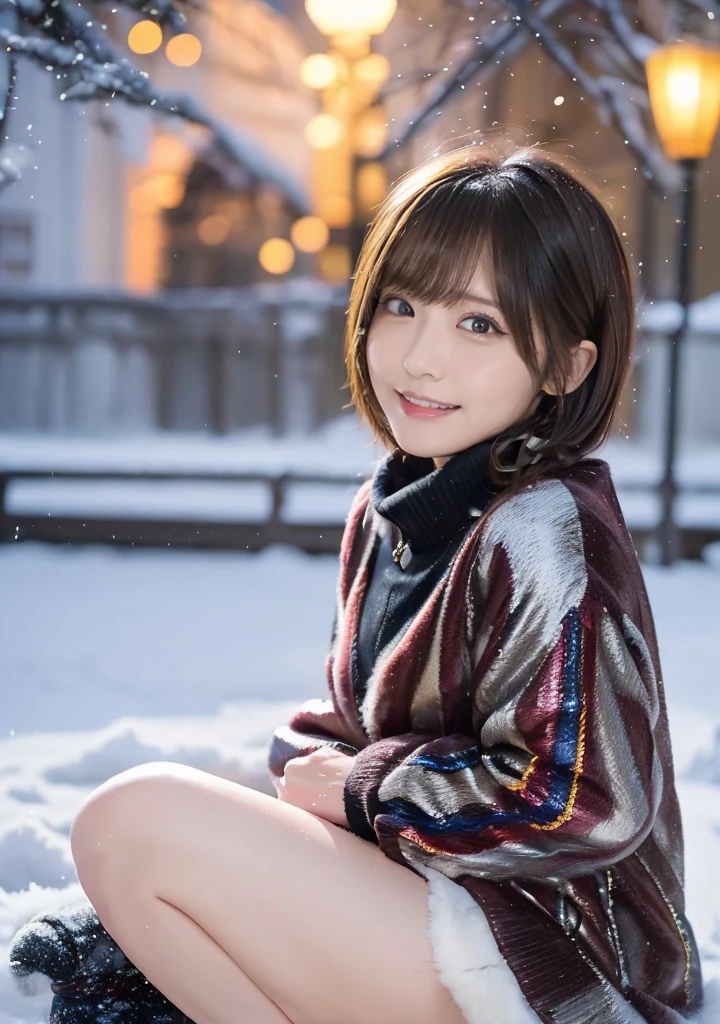 Photo from the waist up、Night city illumination shot、Cowgirl Shot、Fur coat、豪華なグレーのミンクのFur coat、Wear fine leather boots、Luxury Bags、Inner turtleneck、Silver necklace and small silver earrings Millionaire style:1.4））、Full body photo、smile、 Caustics、Highly detailed photos、Very beautiful woman 、Ample breasts、No makeup、(8K、RAW Photos、Highest quality、masterpiece:1.2)、(Realistic、Realistic)、1 Girl、((Medium Short Hair、Midwinter、Cold region Snow falling、The wind is blowing、Fluttering Hair、Blur the background、Colorful illuminations、Looking into the camera:1.4))、
