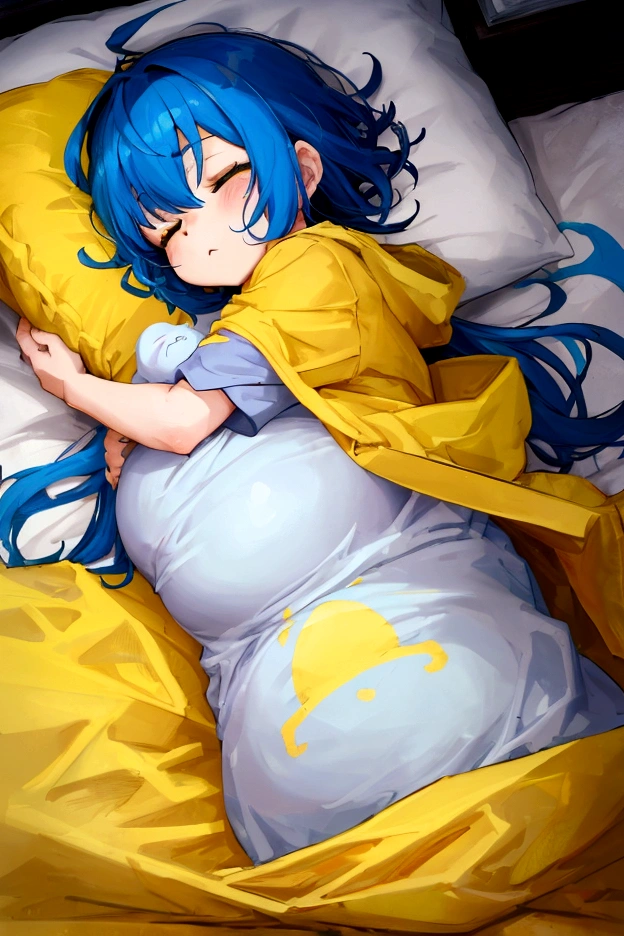 Boy,cute boy,Big belly,blue hair,yellow eyes,sleep, sleeping in bed, night, baby, hugging baby