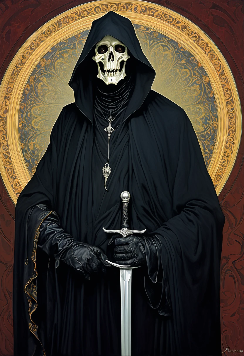 portrait of the grim reaper in the style of wayne barlowe, gustav moreau, goward, bussiere and roberto ferri, santiago caruso, and austin osman spare, bouguereau, mucha, saturno butto