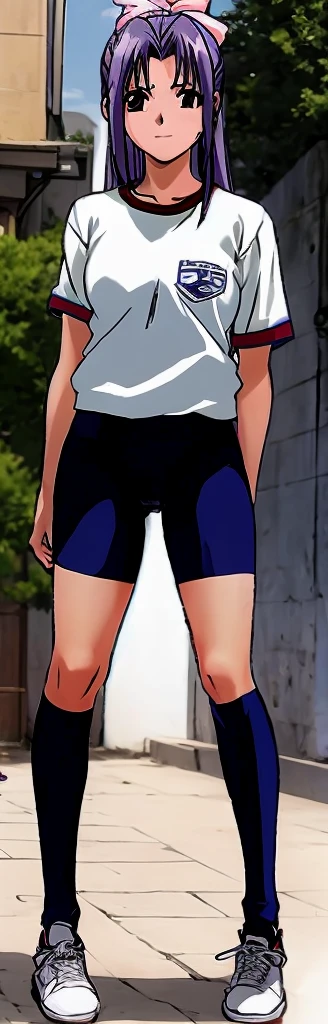 Momoko Koigakubo, a tall girl with beautiful legs, is standing with a smile on her face in a white gym uniform and light navy blue bloomers that look like panties, stroking the head of a young boy in a tracksuit next to her.。