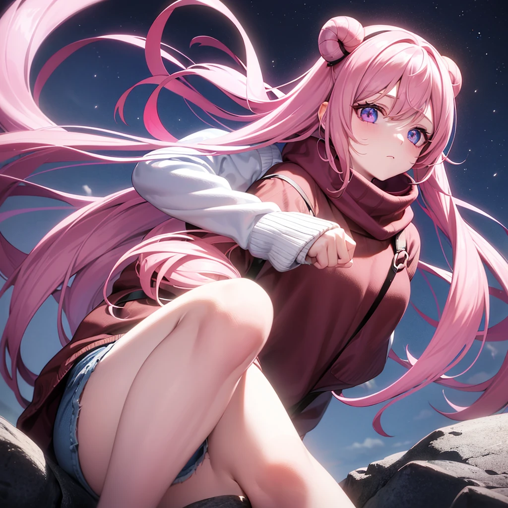 Pale skinned girl, bicolor eyes having one red and one brown, waist-length wavy light brown hair with two black strands, pastel purple sweater, denim shorts, a pink scarf with a blue line in the center on the neck, pink demon horns with pastel blue and pink and pastel blue demon tail sitting on a rock on a mountain while the moonlight illuminates it 