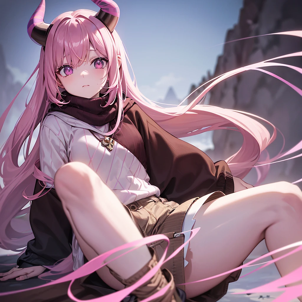 Pale skinned girl, bicolor eyes having one red and one brown, waist-length wavy light brown hair with two black strands, pastel purple sweater, denim shorts, a pink scarf with a blue line in the center on the neck, pink demon horns with pastel blue and pink and pastel blue demon tail sitting on a rock on a mountain while the moonlight illuminates it