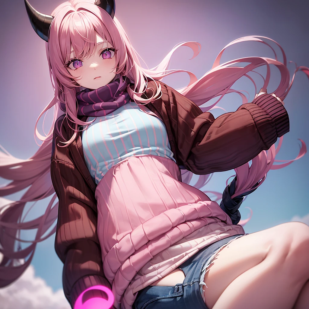 Pale skinned girl, bicolor eyes having one red and one brown, waist-length wavy light brown hair with two black strands, pastel purple sweater, denim shorts, a pink scarf with a blue line in the center on the neck, pink demon horns with pastel blue and pink and pastel blue demon tail sitting on a rock on a mountain while the moonlight illuminates it