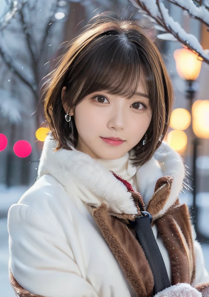 Photo from the waist up、Night city illumination shot、Cowgirl Shot、Fur coat、豪華なグレーのミンクのFur coat、Wear fine leather boots、Luxury Bags、Inner turtleneck、Silver necklace and small silver earrings Millionaire style:1.4))、Full body photo、smile、 Caustics、Highly detailed photos、Very beautiful woman 、Ample breasts、No makeup、(8K、RAW Photos、Highest quality、masterpiece:1.2)、(Realistic、Realistic)、1 Girl、((Medium Short Hair、Midwinter、Cold region Snow falling、The wind is blowing、Fluttering Hair、Blur the background、Colorful illuminations、Looking into the camera:1.4))、