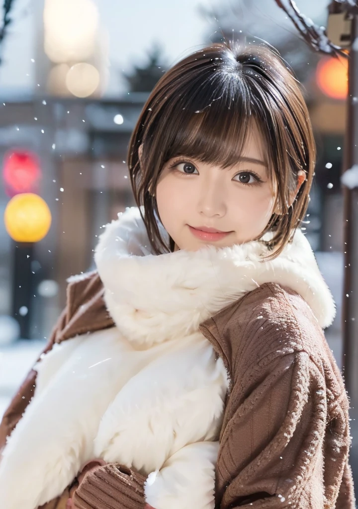 Photo from the waist up、Night city illumination shot、Cowgirl Shot、Fur coat、豪華なグレーのミンクのFur coat、Wear fine leather boots、Luxury Bags、Inner turtleneck、Silver necklace and small silver earrings Millionaire style:1.4))、Full body photo、smile、 Caustics、Highly detailed photos、Very beautiful woman 、Ample breasts、No makeup、(8K、RAW Photos、Highest quality、masterpiece:1.2)、(Realistic、Realistic)、1 Girl、((Medium Short Hair、Midwinter、Cold region Snow falling、The wind is blowing、Fluttering Hair、Blur the background、Colorful illuminations、Looking into the camera:1.4))、