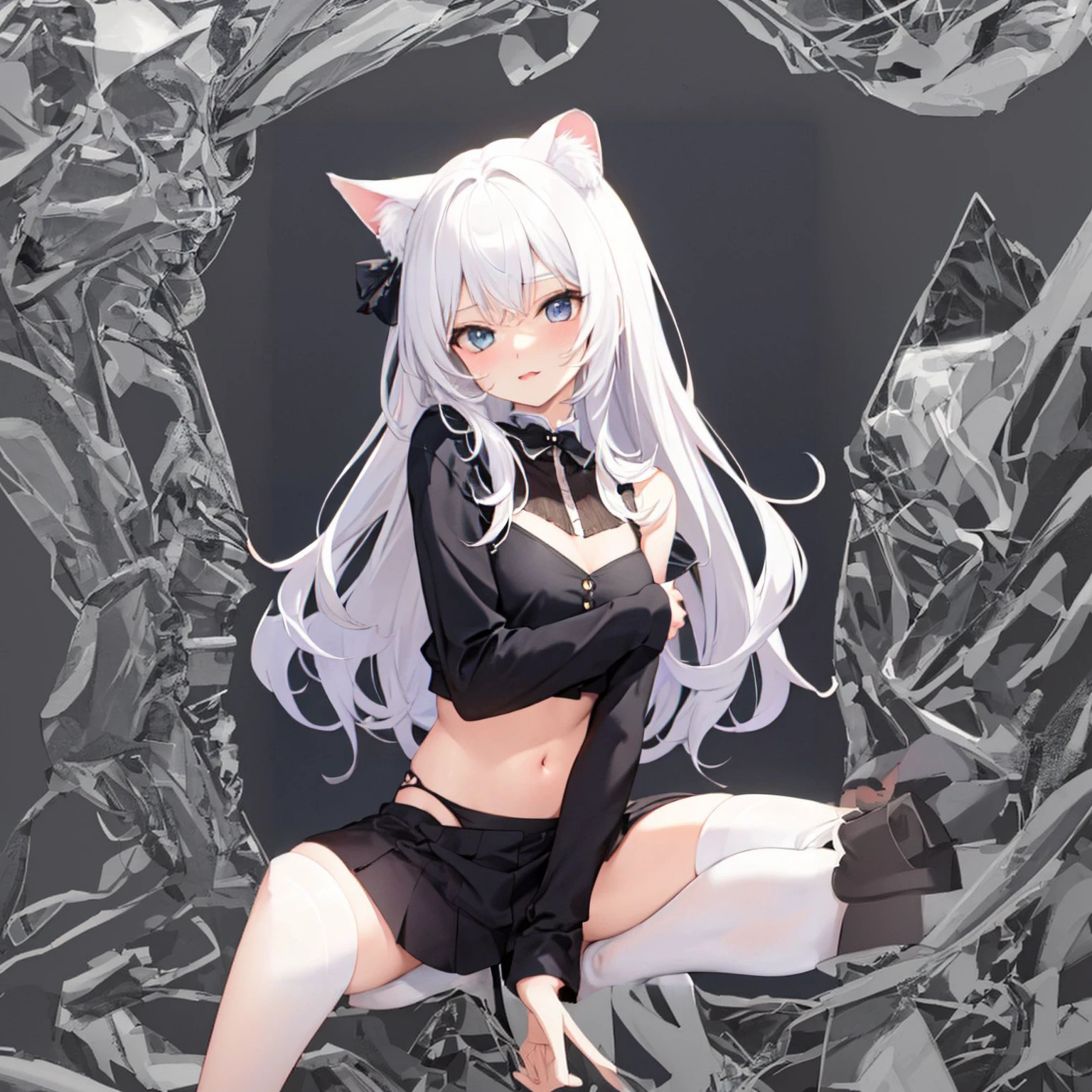 1girl, solo, white hair, red pink eyes, masterpiece, best quality, dirty, exposed skin, looking at around, full body, adult, cat ears, cat tail, dripping, hot, tight, bare skin, exposed, close up, detailed, pleasure, suprised expression, small breasts, no top, no bottoms, testing out vibrator, vibrator, toy, touching herself, normal,hands