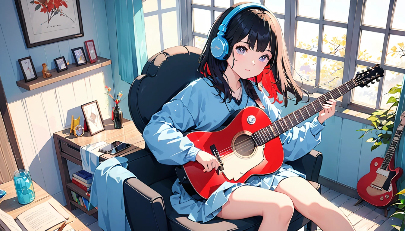 (Absurd:1.1, High resolution:1.1, 超detailed:1.1), 非常にdetailedな, 超detailed hair, (Fine grain:1.4), (Shining Eyes:1.3), thin, cute, Perfectly symmetrical face, narr○w waist, 超cute girl, 超cute face, 超cute, Super beautiful, Beautiful colors, merry (Yanmar gauge),From wlop,((Great quality)), (Beautiful legs), Sitting, smartphone, Upper body rest (Beautiful colors,detailed,Highest quality,Great quality,so beautiful), guitar, Headphones, Jersey, Chair, Lighting and Shadows(perspective), Lighting particles, colorful, masterpiece, Stylish room,