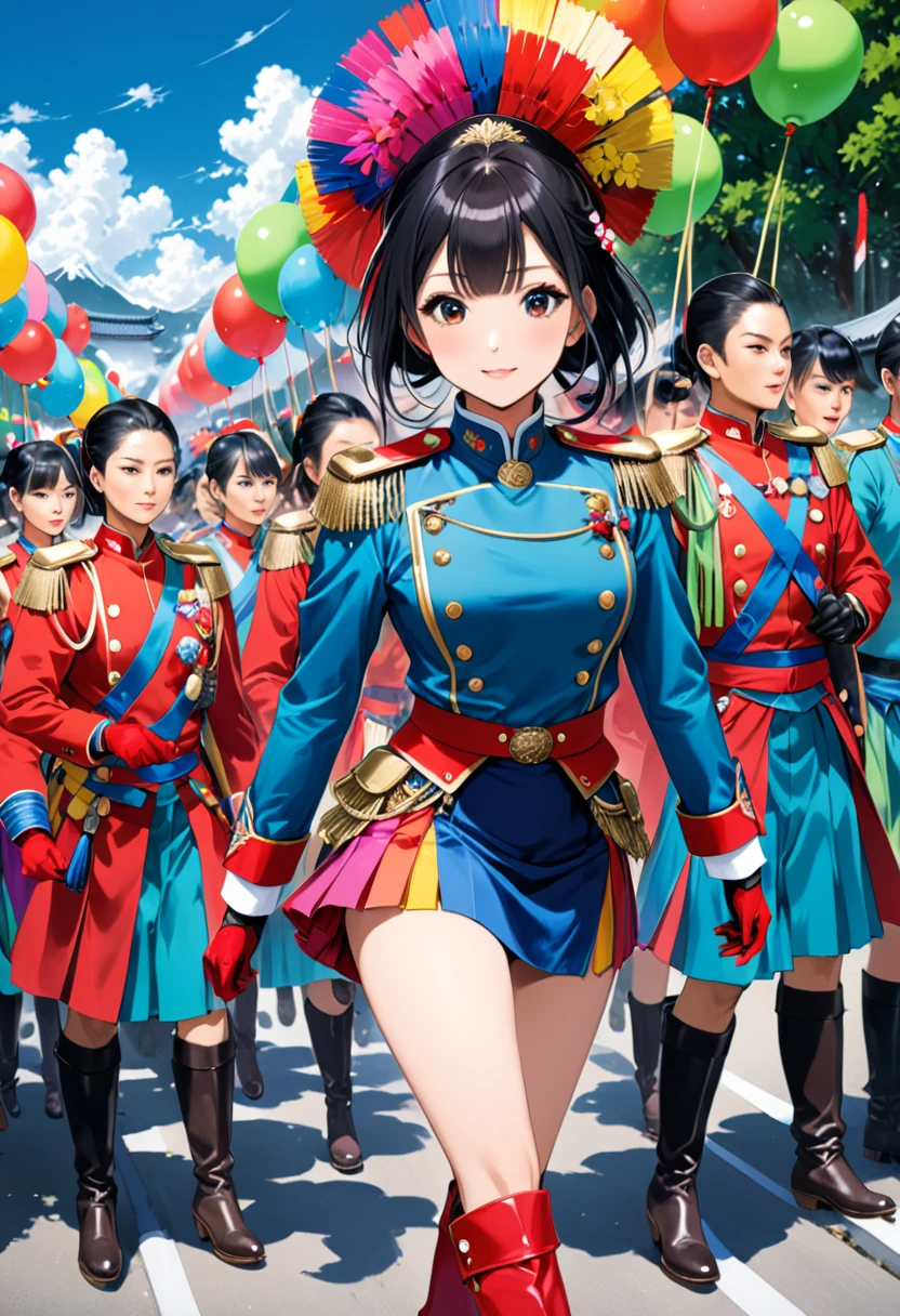 Ken Obata's style,High-resolution images,masterpiece,Highest quality,girl,Cowboy Shot,Cute face,Simple Background,jyojifuku,(A procession of vibrant colors,Have,boots,gloves,Epaulettes,skirt,:1.3),