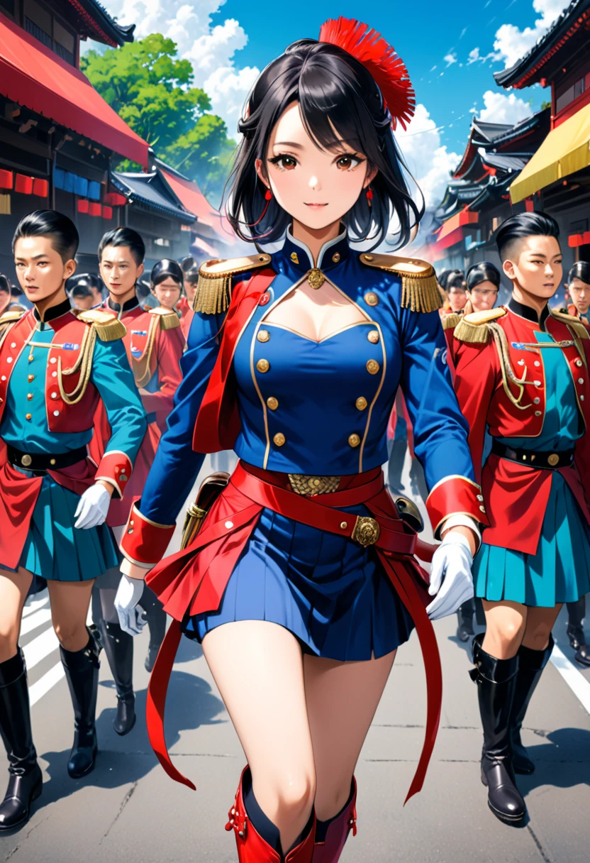 Ken Obata's style,High-resolution images,masterpiece,Highest quality,girl,Cowboy Shot,Cute face,Simple Background,jyojifuku,(A procession of vibrant colors,Have,boots,gloves,Epaulettes,skirt,:1.3),