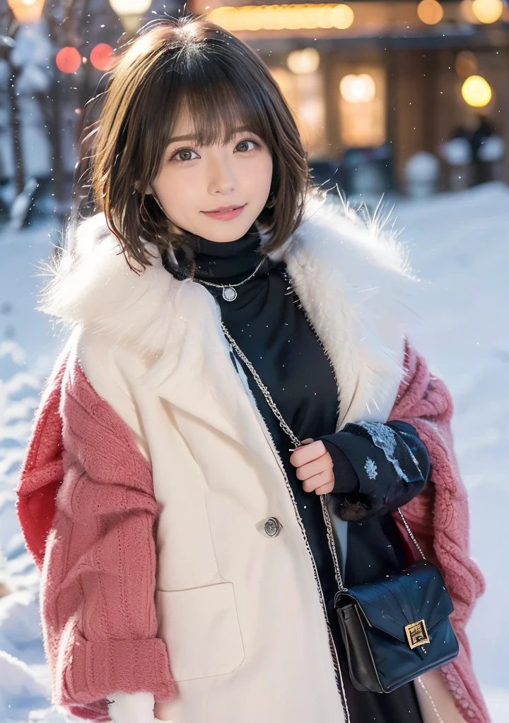 Photo from the waist up、Night city illumination shot、Cowgirl Shot、Fur coat、豪華なグレーのミンクのFur coat、Wear fine leather boots、Luxury Bags、Inner turtleneck、Silver necklace and small silver earrings Millionaire style:1.4））、Full body photo、smile、 Caustics、Highly detailed photos、Very beautiful woman 、Ample breasts、No makeup、(8K、RAW Photos、Highest quality、masterpiece:1.2)、(Realistic、Realistic)、1 Girl、((Medium Short Hair、Midwinter、Cold region Snow falling、The wind is blowing、Fluttering Hair、Blur the background、Colorful illuminations、Looking into the camera:1.4))、
