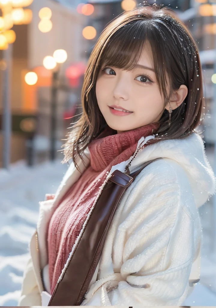 Photo from the waist up、Night city illumination shot、Cowgirl Shot、Fur coat、豪華なグレーのミンクのFur coat、Wear fine leather boots、Luxury Bags、Inner turtleneck、Silver necklace and small silver earrings Millionaire style:1.4))、Full body photo、smile、 Caustics、Highly detailed photos、Very beautiful woman 、Ample breasts、No makeup、(8K、RAW Photos、Highest quality、masterpiece:1.2)、(Realistic、Realistic)、1 Girl、((Medium Short Hair、Midwinter、Cold region Snow falling、The wind is blowing、Fluttering Hair、Blur the background、Colorful illuminations、Looking into the camera:1.4))、