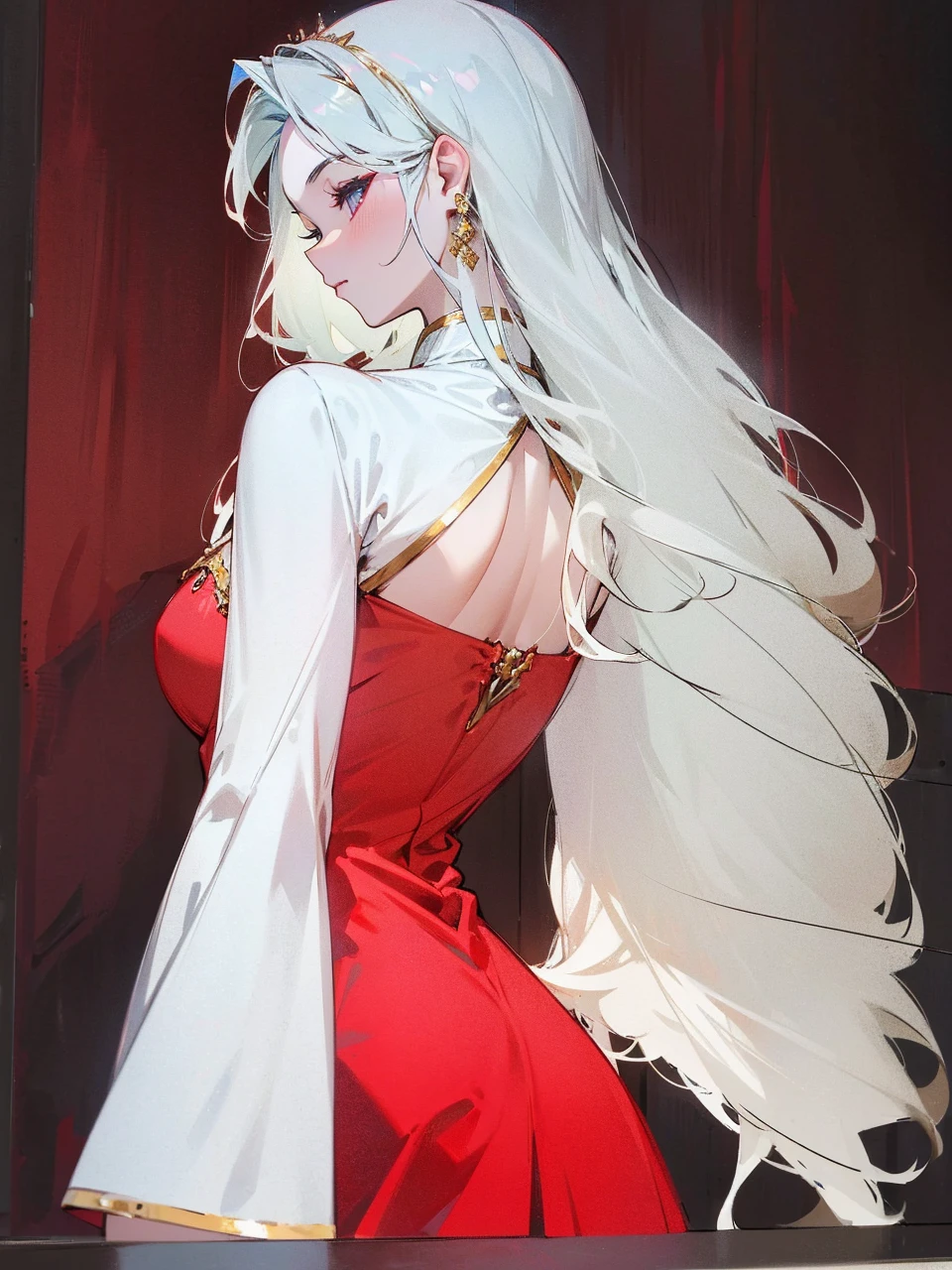 Add in roses to her dress, a good back dress design with some golden jewelry, make her dress into a red and white gown with a hat, give her some unique Jewelry, and make her look somewhat of a demonic angel like appearance to her