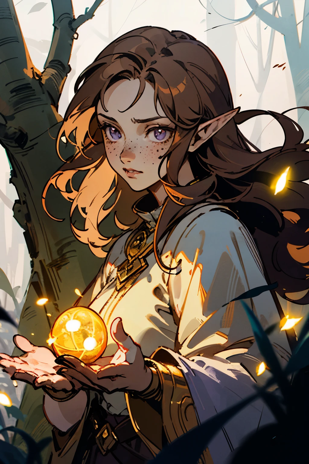 (masterpiece), best quality, expressive eyes, perfect face, magical, fantasy, DnD Character, woman, Half-elf, druid, long brown hair, lavender purple eyes, gold accessories, fair skin, pretty, freckles, in forest, druid clothing, magical glowing, magical forest, nighttime, fireflies, holding white cute duck, woman holding duck