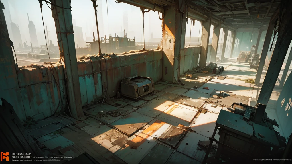 a futuristic abandoned cosmodrome interior room, high angle view, detailed interior, decaying technology, dim lighting, rusted pipes, crumbling concrete, overgrown vegetation, dust motes, shafts of light, abandoned equipment, atmospheric, cinematic, dramatic lighting, moody, gritty, photorealistic