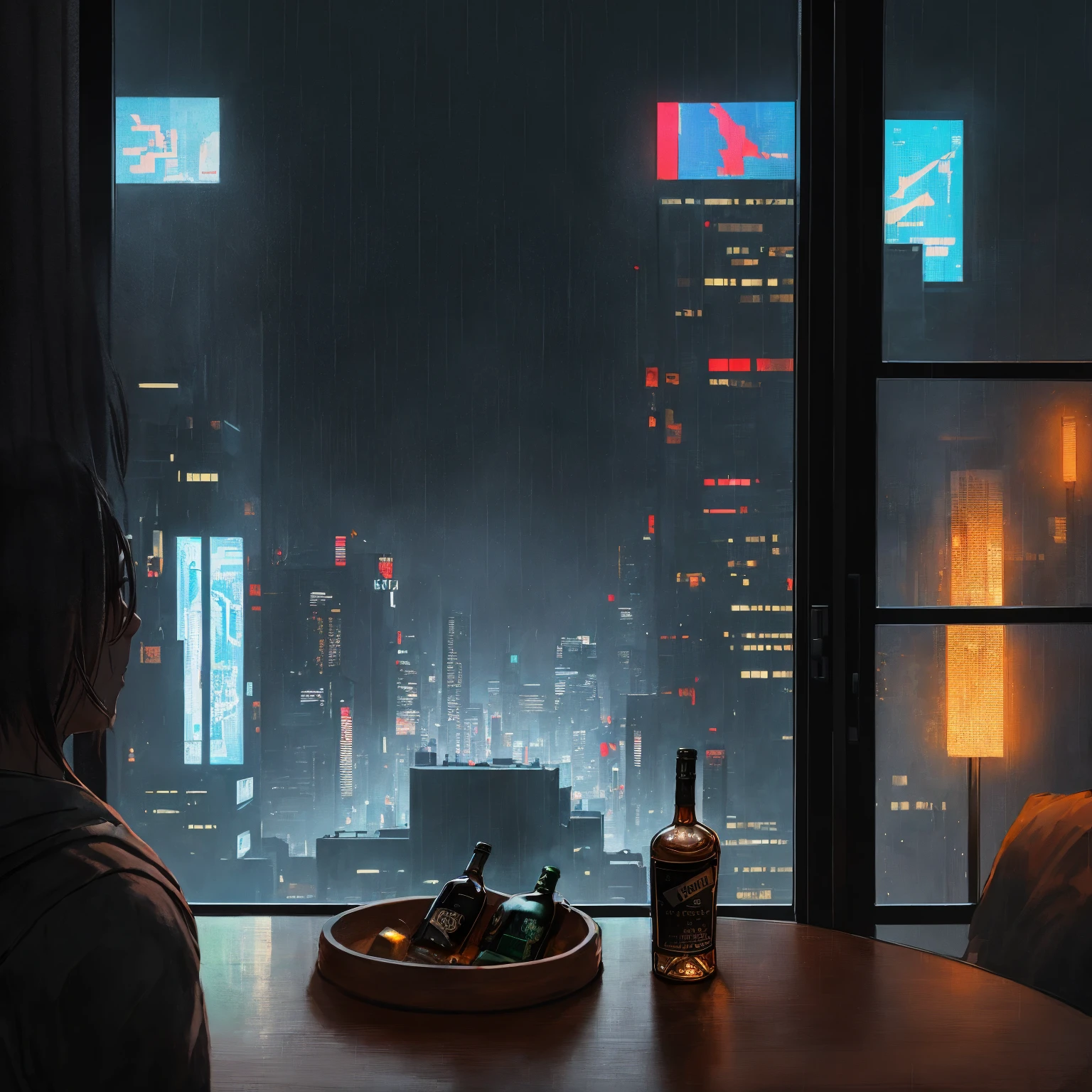 (masterpiece), (dark clouds), (cyberpunk living room), (indoor), (window), (rainy weather), (cyberpunk city), (realistic illustration), (cinematic), (looking out the window), (liquor bottle on table)