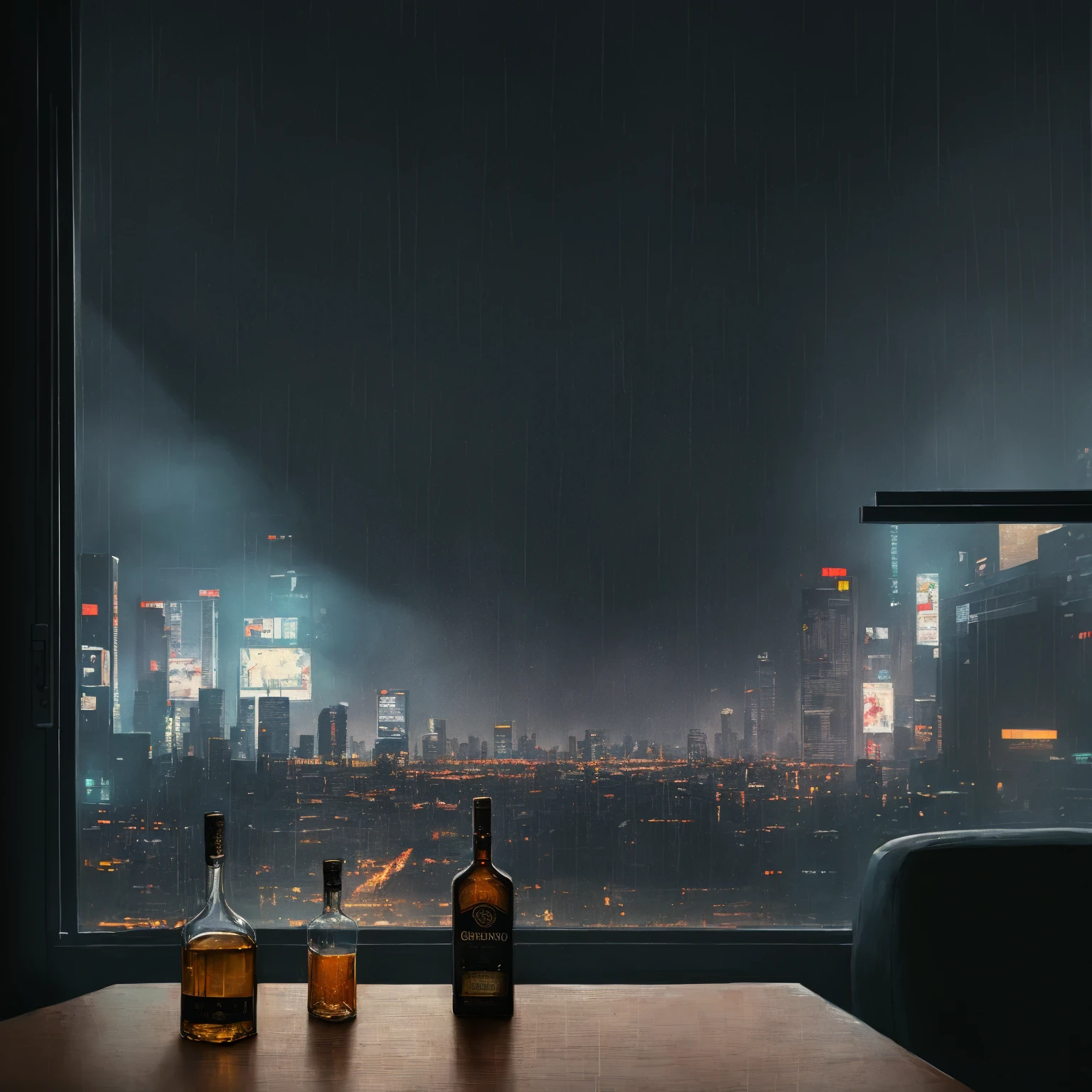 (masterpiece), (dark clouds), (cyberpunk living room), (indoor), (window), (rainy weather), (cyberpunk city), (realistic illustration), (cinematic), (looking out the window), (liquor bottle on table)