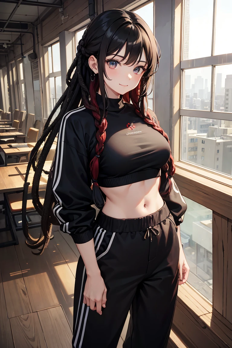 (masterpiece), best quality, stern eyes, perfect face, mature female, black in red croptop and black sweatpants (1girl), solo, locs,dreads hair, muscle growth, in facility, indoors, window, facility like background, standing, looking at viewer, BREAK closed mouth, smile, looking at viewer