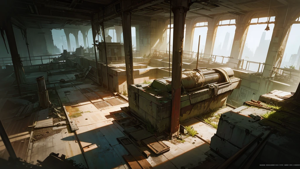 a futuristic abandoned cosmodrome interior room, high angle view, detailed interior, decaying technology, dim lighting, rusted pipes, crumbling concrete, overgrown vegetation, dust motes, shafts of light, abandoned equipment, atmospheric, cinematic, dramatic lighting, moody, gritty, photorealistic