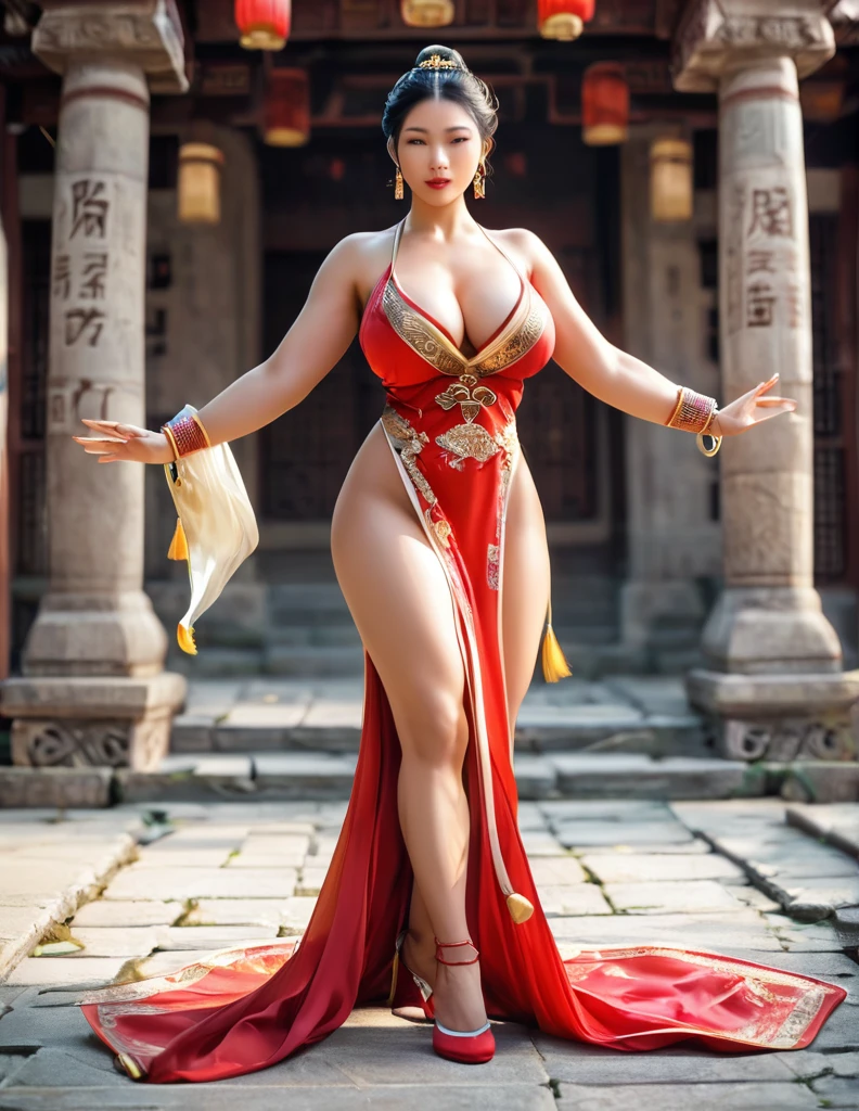 NWSF, score_9, score_8_up, score_7_up, rating_save , Realistic Beautiful ancient chinese woman, full body, open shoulders, showing thighs, big breasts, crawl pose, front view. Masterpiece.