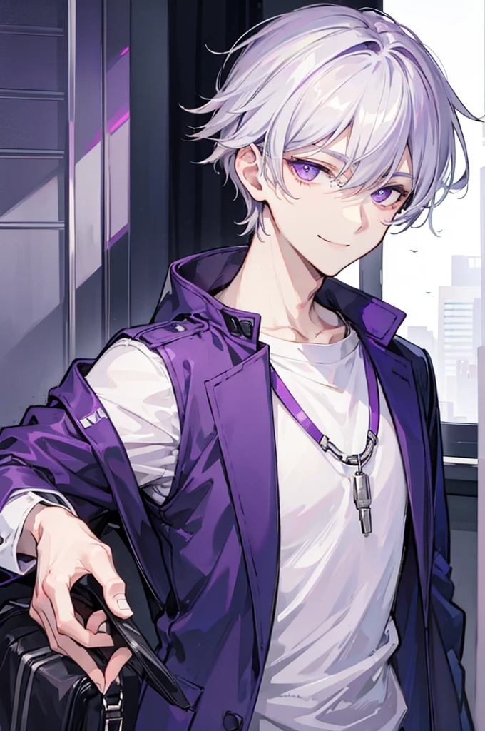 Young man, grey hair, purple eyes, smile face, modern style, handsome man, cool boy, bad boy, , teenager