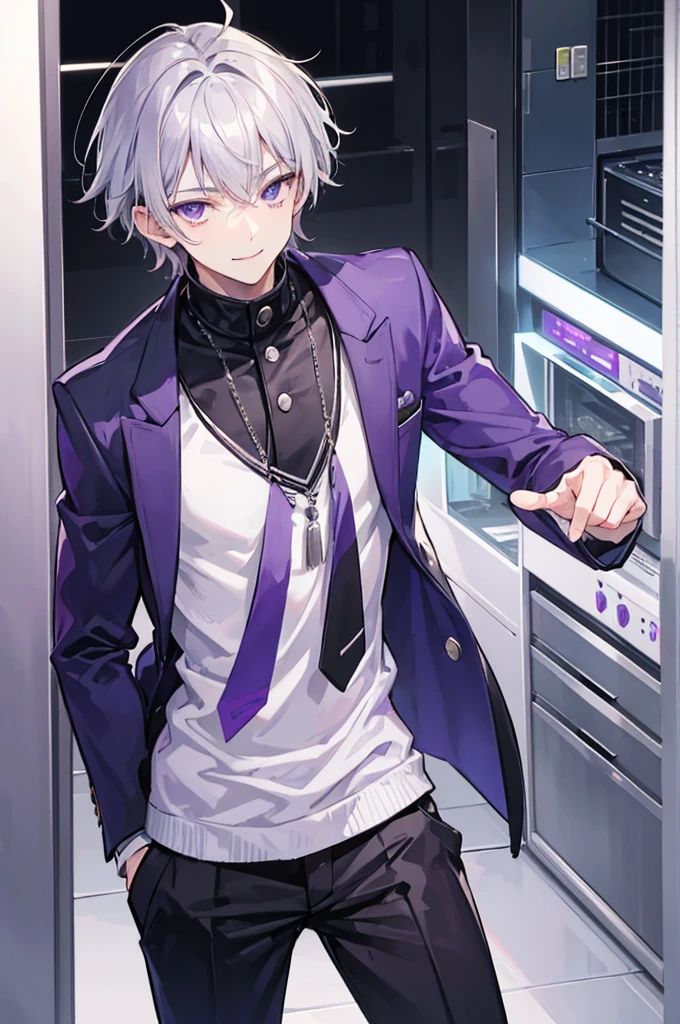 Young man, grey hair, purple eyes, smile face, modern style, handsome man, cool boy, bad boy, , teenager