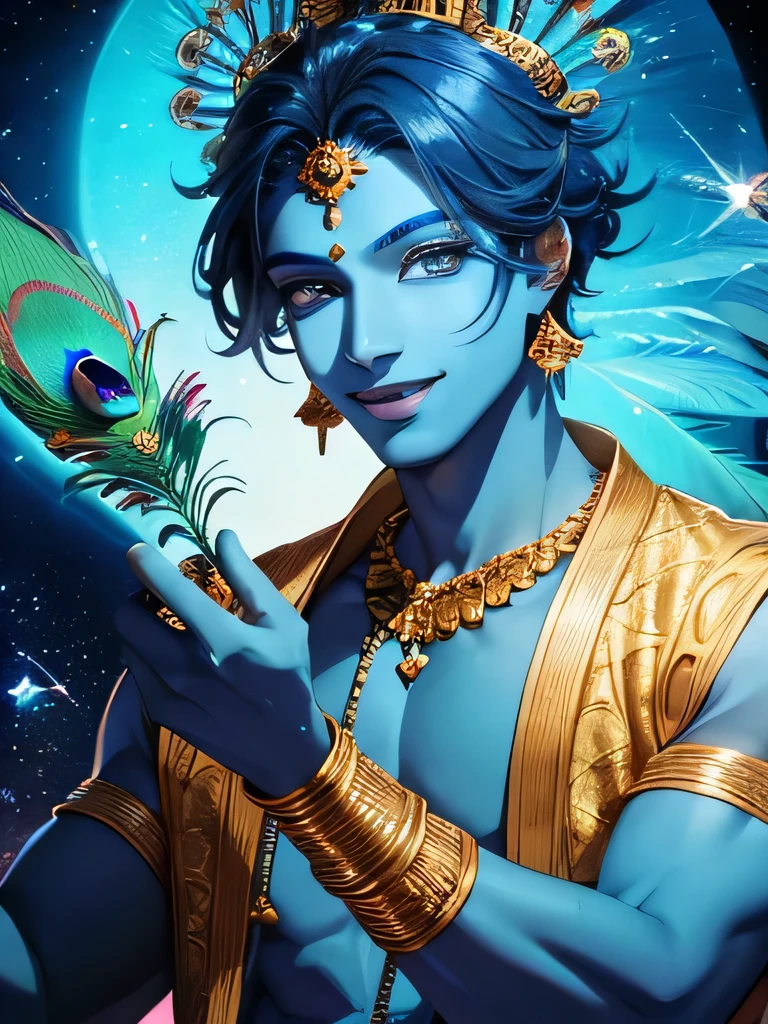 Krishna , loving man , beautiful glitter eyes , blue skin tone , smiling , divine nature, holding flutes in his hands, peacock feather on head, looking front, high quality, high solution, very detailed picture 