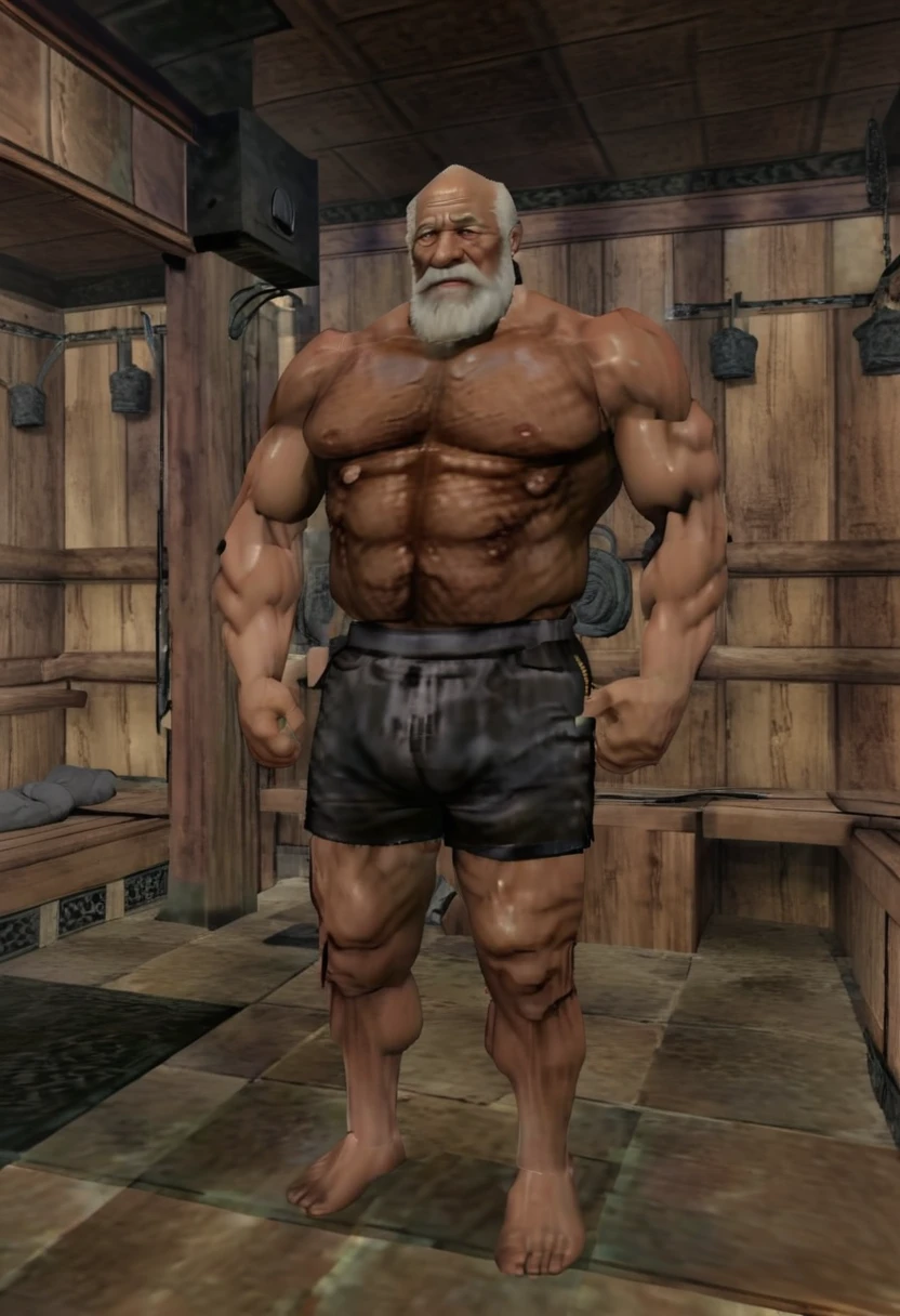 The old man is standing in the sauna with big muscles on his back and big thighs，arms are big。Full body shot of old giant sitting in sauna。Just as big，Too much muscle。The bronzed old man in shorts has a particularly large body。Strong and powerful, hard like a piece of iron, well-developed, full of strength, with a lot of flesh, and black skin。The whole body is getting bigger and stronger