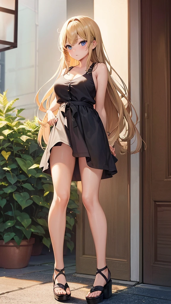 ((Highest quality)), ((masterpiece)), (detailed), One girl, sexly、Busty Japanese woman in black tank top、Blonde, Beauty、Embarrassed expression、whole body、Angle from below、mini skirt、
