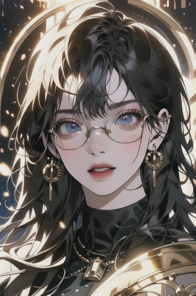 a young woman with long black hair, blue eyes, and round glasses, wearing a black hat with a golden detail, gold hoop earrings, detailed facial features, elegant, portrait, cinematic lighting, dramatic colors, highly detailed, 4k, photorealistic, digital painting