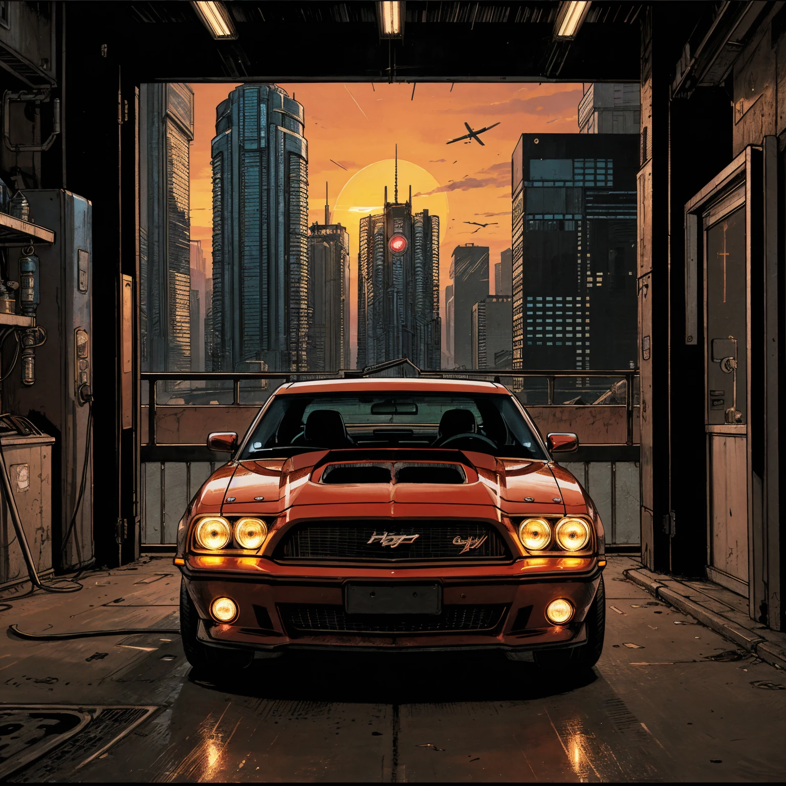realistic illustration, sunset, cyberpunk city, muscle car, intricate details, cinematic