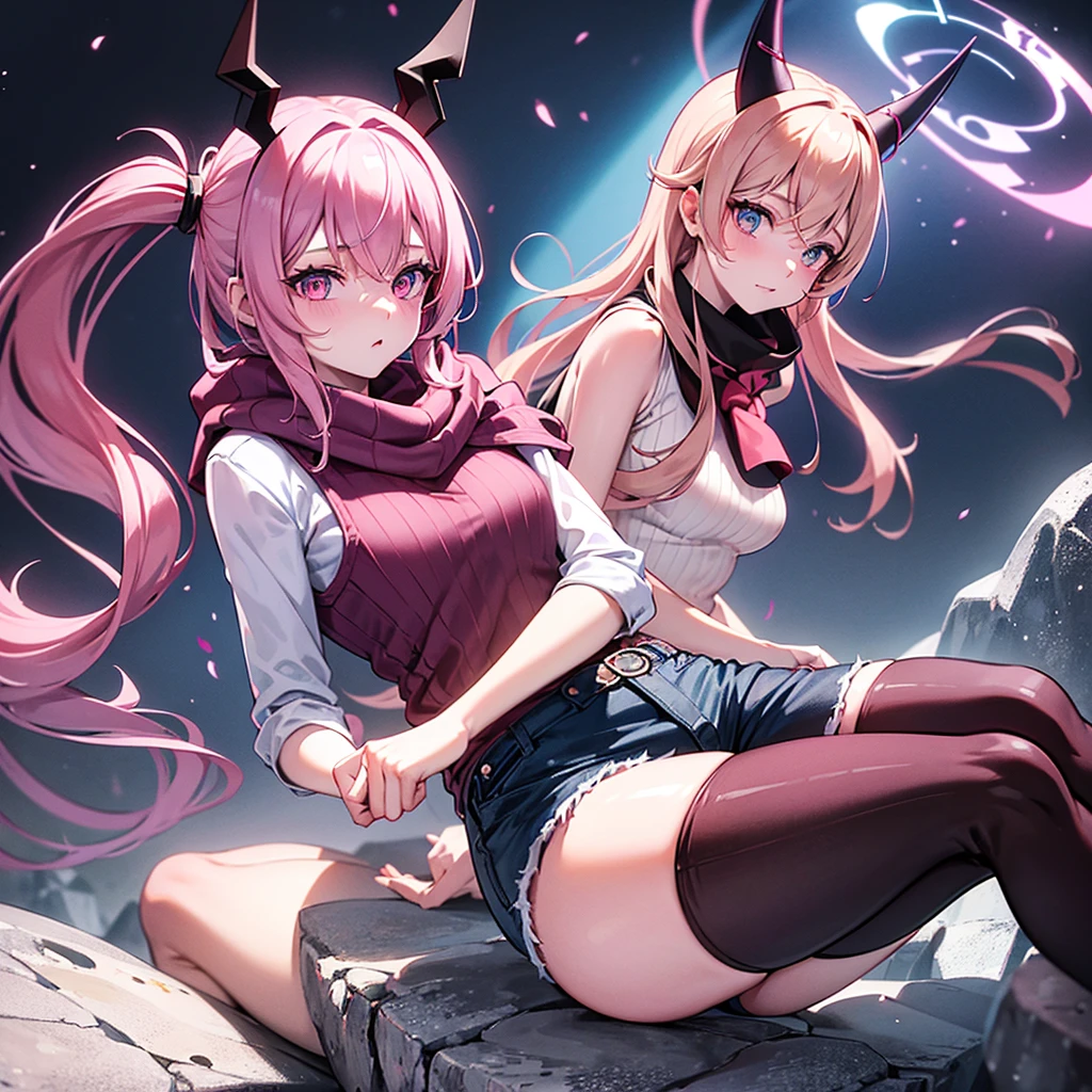Pale skinned girl, bicolor eyes having one red and one brown, waist-length wavy light brown hair with two black strands, pastel purple sweater, denim shorts, a pink scarf with a blue line in the center on the neck, pink demon horns with pastel blue and pink and pastel blue demon tail sitting on a rock on a mountain while the moonlight illuminates it