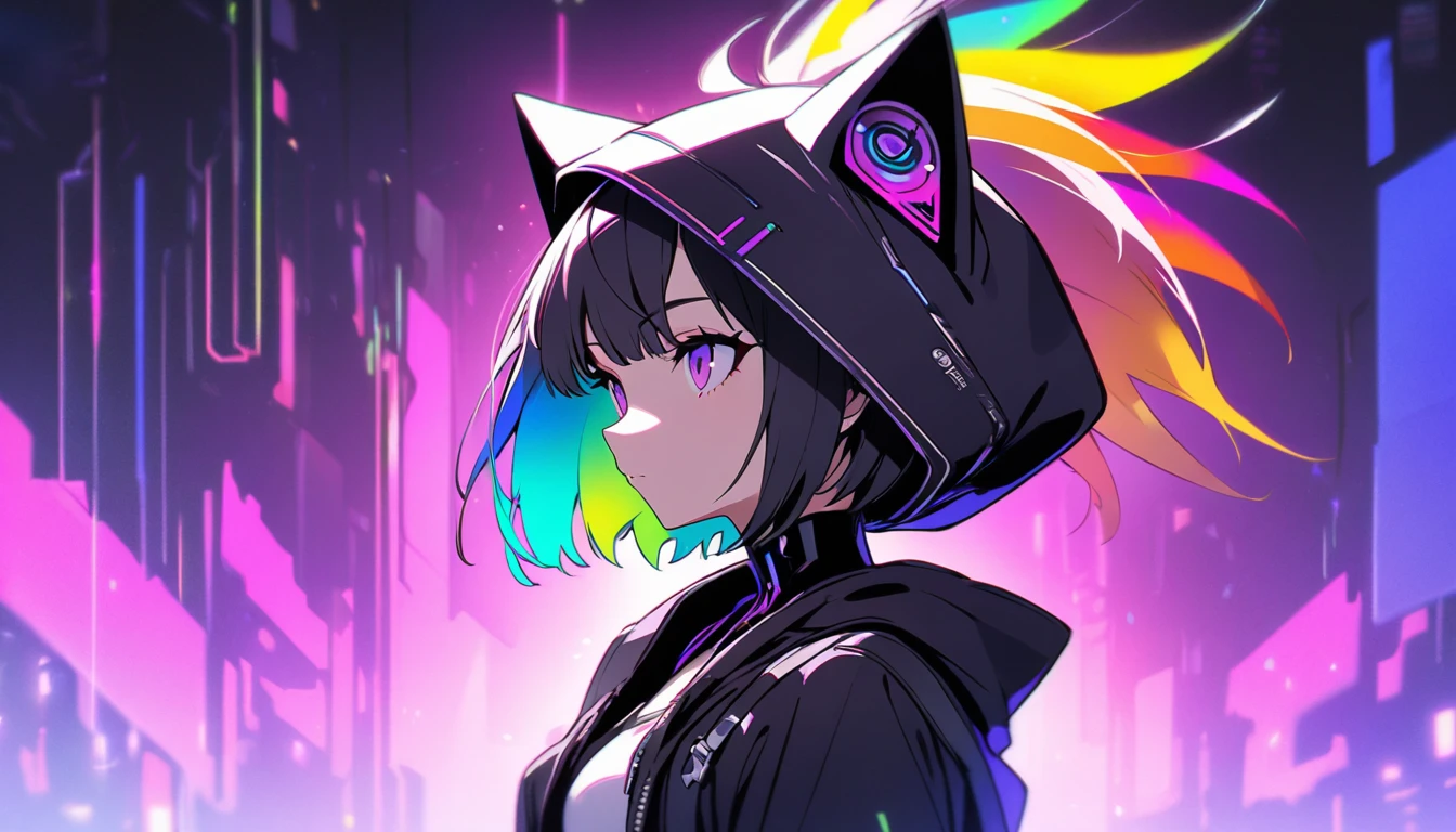 elegant, alone, 1 female, short hair, Black fur, Rainbow Hair, Purple eyes, Black and white hood, Futuristic, cyber-punk, cyber- 