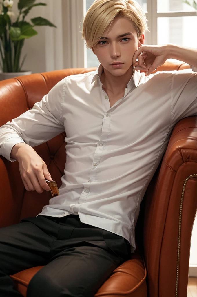 short blonde hair man, Delgado, with Russian features , sitting in an armchair listening to music, drinking whiskey