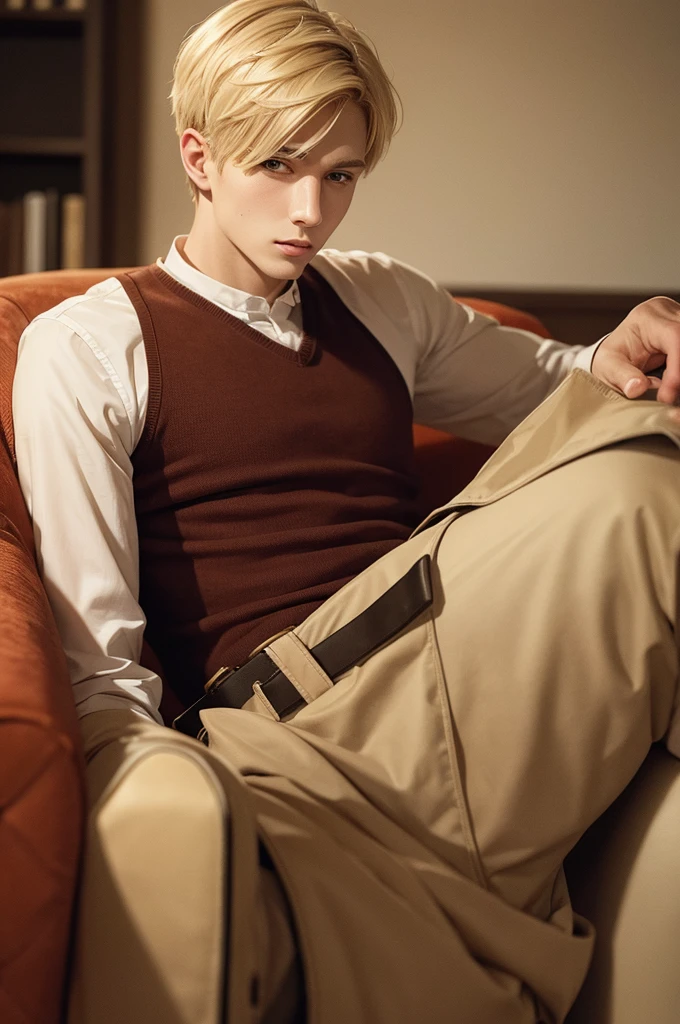 short blonde hair man, Delgado, with Russian features , sitting in an armchair listening to music, drinking whiskey
