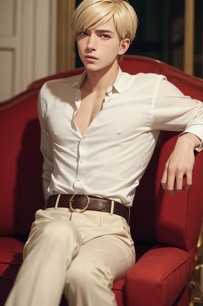 short blonde hair man, Delgado, with Russian features , sitting in an armchair listening to music, drinking whiskey